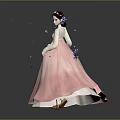 Pink Hanbok Woman with Green Ribbon and Fluttering Butterflies and Falling Petals