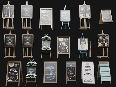Various Chalkboard Signs With Stands Decorative Wreaths And Menu Displays In Diverse Styles 3d model