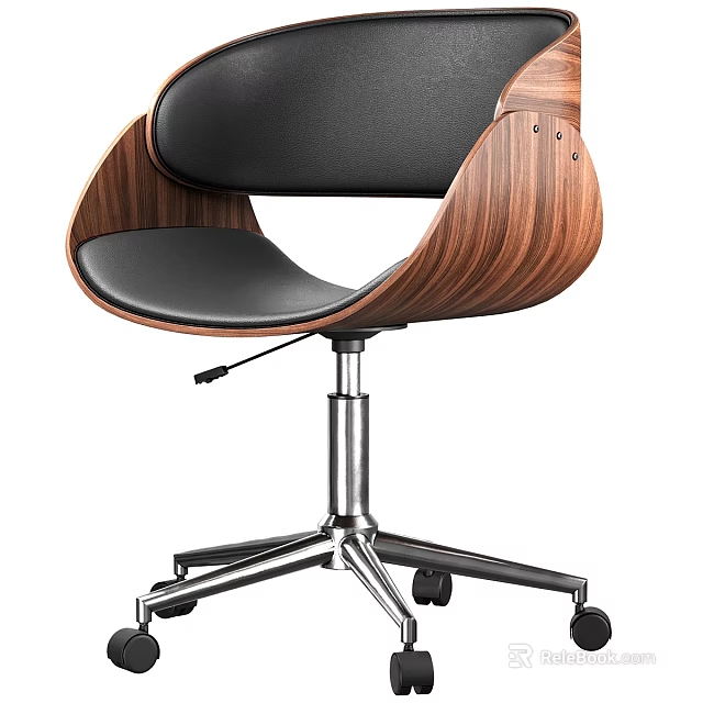 Modern Office Chair With Black Seat Walnut Wooden Backrest And Metal Base With Wheels 3d model 