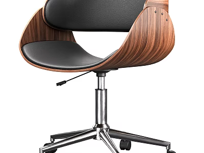 Modern Office Chair With Black Seat Walnut Wooden Backrest And Metal Base With Wheels 3d model