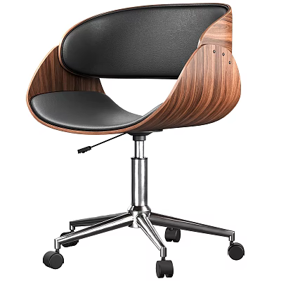 Modern Office Chair With Black Seat Walnut Wooden Backrest And Metal Base With Wheels 3d model
