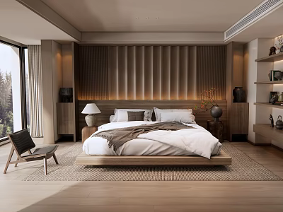 Modern Bedroom with Pleated Headboard Wall Bed Floor Lamp Armchair Wooden Floor and Large Window 3d model