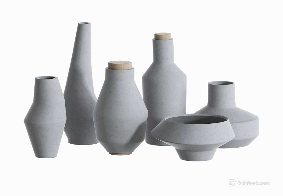 Gray Ceramic Vessels with Different Shapes and Wooden Lids for Home Decor 3d model 