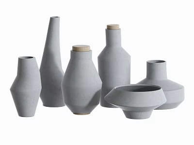 Gray Ceramic Vessels with Different Shapes and Wooden Lids for Home Decor 3d model