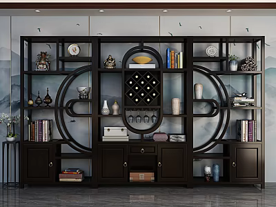 Traditional Chinese Antique Display Cabinet With Decorative Ornaments Books Wine Rack And Circular Design 3d model