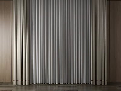 Modern Interior Pleated Curtains In Gray And Beige With Flowing Drapes And Wooden Walls 3d model