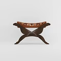 Retro Curved Dark Wood Stool With Woven Brown Leather Seat For Classic Home Interior