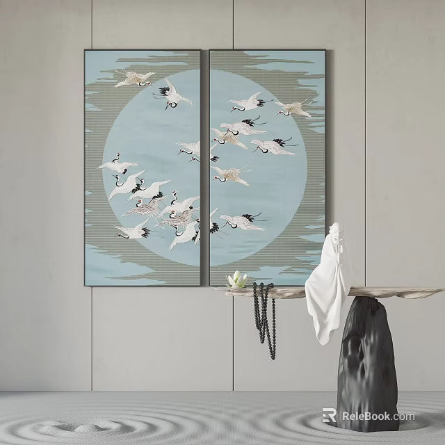 Traditional Double Panel Screen With Flying Cranes On Blue Circular Background And Decorative Shelf 3d model