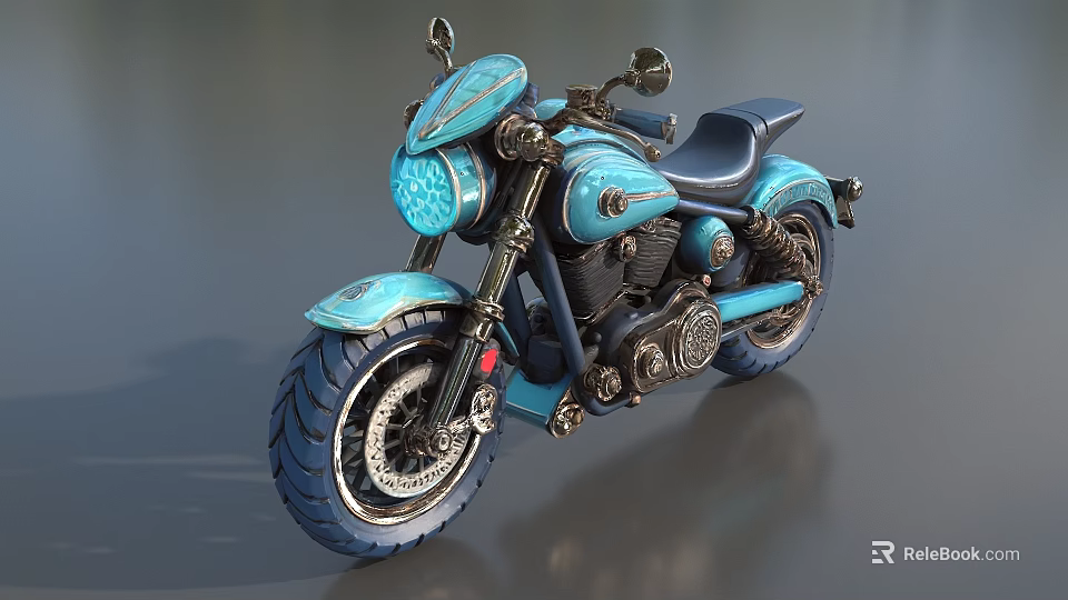 Turquoise Custom Vintage Motorcycle With Chrome Details And Black Leather Seat 3d model 