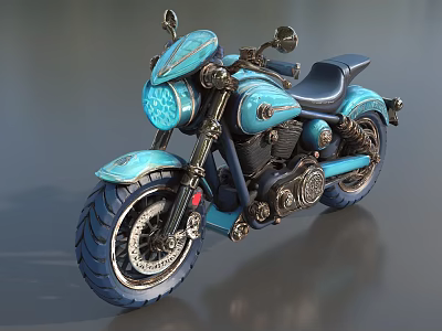 Turquoise Custom Vintage Motorcycle With Chrome Details And Black Leather Seat 3d model