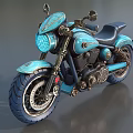 Turquoise Custom Vintage Motorcycle With Chrome Details And Black Leather Seat