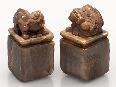 Traditional Stone Sculptures With Animal Figures On Square Bases And Carved Inscriptions 3d model