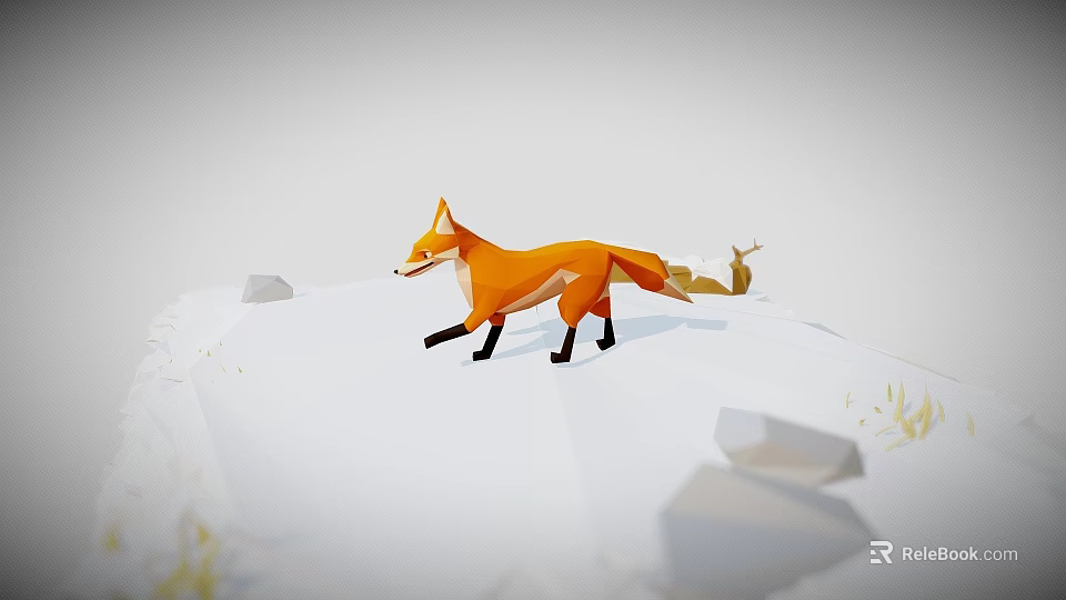 Low Poly Orange Fox Walking On Snowy Ground With Rocks And Grass 3d model 