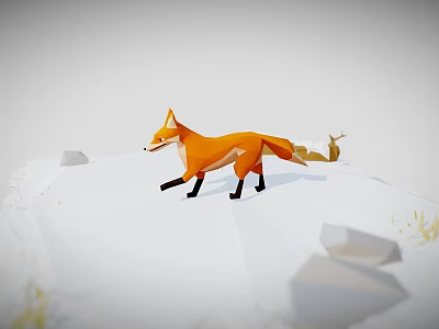 Low Poly Orange Fox Walking On Snowy Ground With Rocks And Grass 3d model