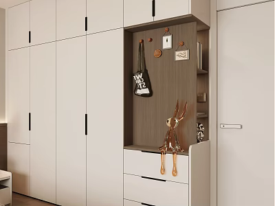 Modern White Wardrobe Interior With Open Storage Hanging Bag Drawers And Decorative Deer Figurine 3d model