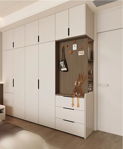 Modern White Wardrobe Interior With Open Storage Hanging Bag Drawers And Decorative Deer Figurine 3d model