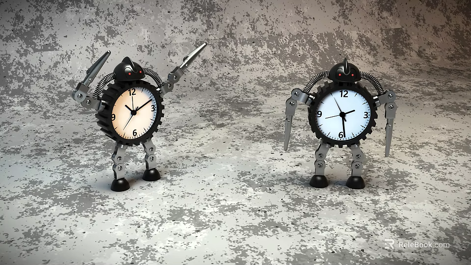 Robot Style Clocks With Mechanical Arms Legs And White Dials On Gray Textured Background 3d model 