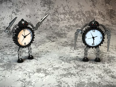 Robot Style Clocks With Mechanical Arms Legs And White Dials On Gray Textured Background 3d model