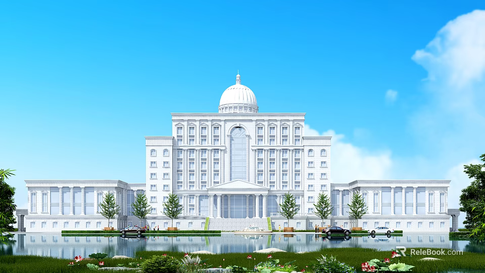 White European-style Building With Dome Windows Water Pool Trees And Blue Sky 3d model 