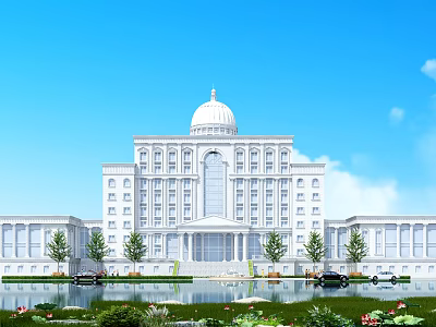 White European-style Building With Dome Windows Water Pool Trees And Blue Sky 3d model