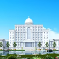 White European-style Building With Dome Windows Water Pool Trees And Blue Sky