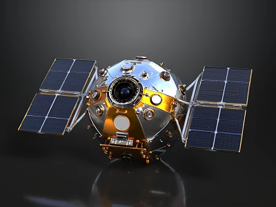Satellite Model With Solar Panels Golden Silver Body And Camera Components 3d model