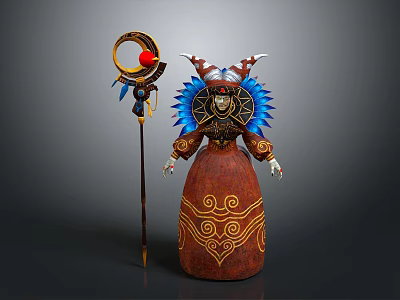 Woman In Ornate Brown Robe With Gold Patterns Feather Decor Horns And Red Gem Scepter 3d model