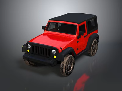 Red Off Road Convertible Vehicle With Black Top Round Headlights And Sturdy Tires 3d model