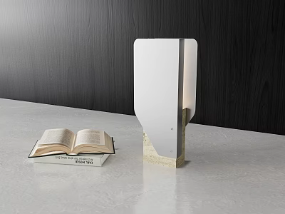 Unique-shaped Table Lamp with Open Book on Light-colored Countertop and Dark Wooden Texture Wall 3d model