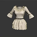 Elegant White Ruffled Dress With Collar Cuffs Black Belt And Layered Skirt