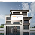 Modern Detached Villa Exterior Design With Glass Windows Balcony And Pool Reflection
