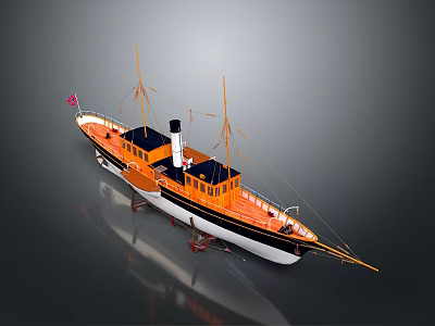 Vintage Ship Model Featuring Two Masts Black Chimney Orange Deck White Hull And Small Flag 3d model
