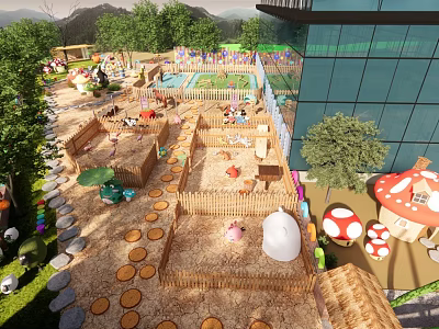 Outdoor Garden Landscape With Children's Play Areas Mushroom Decorations And Wooden Fences 3d model