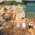 Outdoor Garden Landscape With Children's Play Areas Mushroom Decorations And Wooden Fences