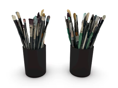 Two Black Brush Holders Filled With Various Artistic Brushes On White Surface 3d model
