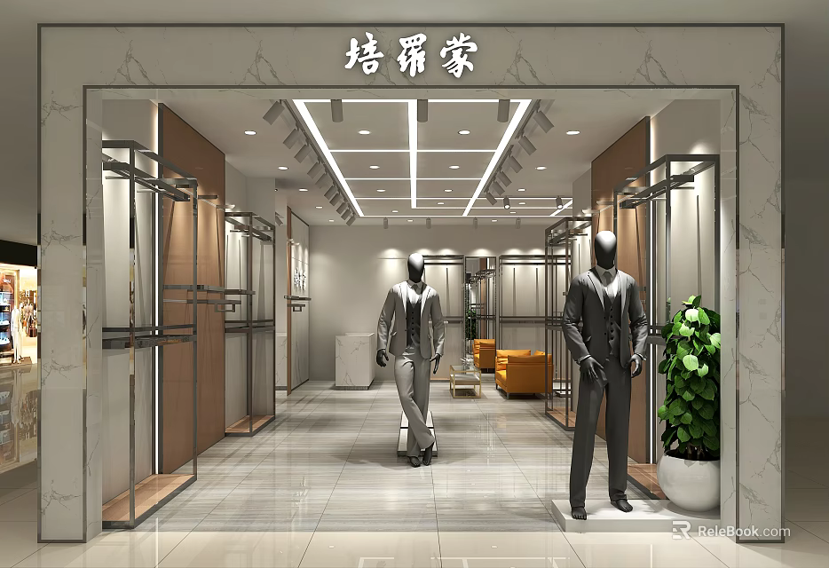 Modern Clothing Store Interior With Mannequins Clothing Racks Displayed Clothes And Lighting Design 3d model 