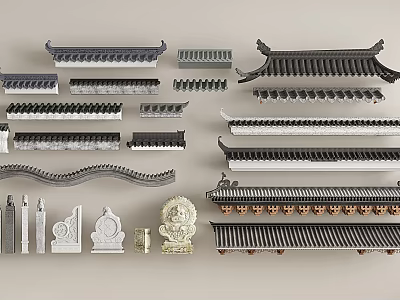 Traditional Chinese Ancient Architectural Components Including Roof Tiles Various Eaves And Ornamental Beasts 3d model