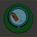 Little Boy Fishing From Red Boat In Blue Inflatable Pool With Ladder And Green Grass