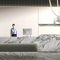 Modern Reception Desk Interior With Marble Countertop Standing Receptionist Hanging Chandelier And Potted Plant