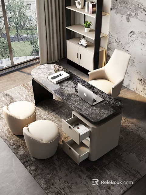 Modern Study Room With Marble Desk Laptop And Stools 3d model 