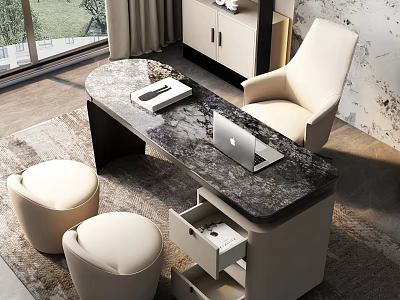 Modern Study Room With Marble Desk Laptop And Stools 3d model