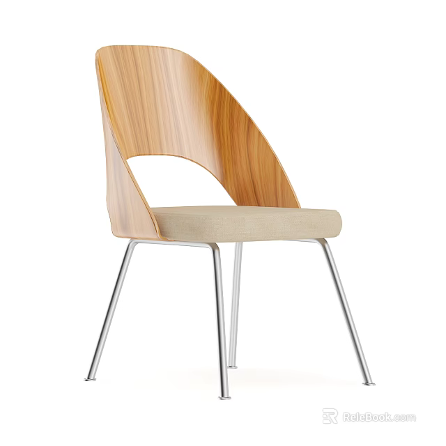 Modern Single Chair With Wooden Backrest Beige Fabric Seat And Metal Legs 3d model 