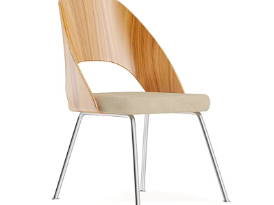 Modern Single Chair With Wooden Backrest Beige Fabric Seat And Metal Legs 3d model