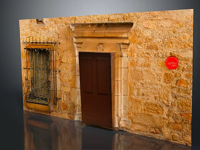 Traditional Stone Building Exterior With Wooden Door Iron Grilled Window And Red Circular Sign 3d model