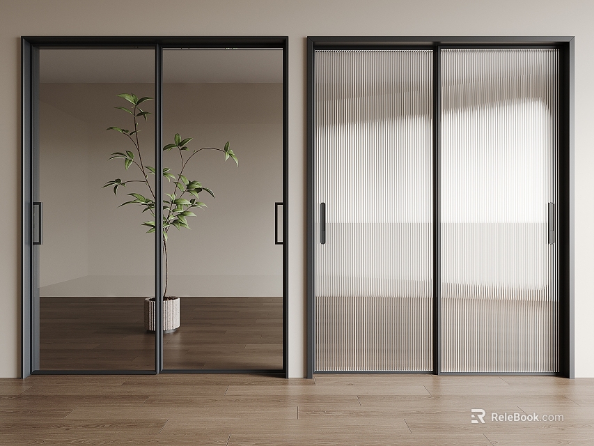 Modern Sliding Doors With Transparent And Ribbed Glass In Interior Green Plant And Wood Floor 3d model 