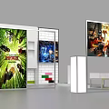 White Exhibition Booth With Multiple Display Panels And Colorful Posters 3d model