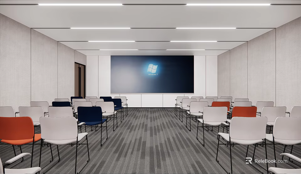 Public Office Space With Rows Of Chairs Projection Screen And Bright Ceiling Lighting 3d model 