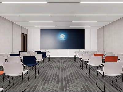 Public Office Space With Rows Of Chairs Projection Screen And Bright Ceiling Lighting 3d model