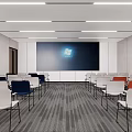 Public Office Space With Rows Of Chairs Projection Screen And Bright Ceiling Lighting