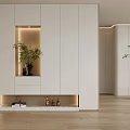 Modern White Shoe Cabinet With Lighted Display Area Green Plant And Bottom Decorations